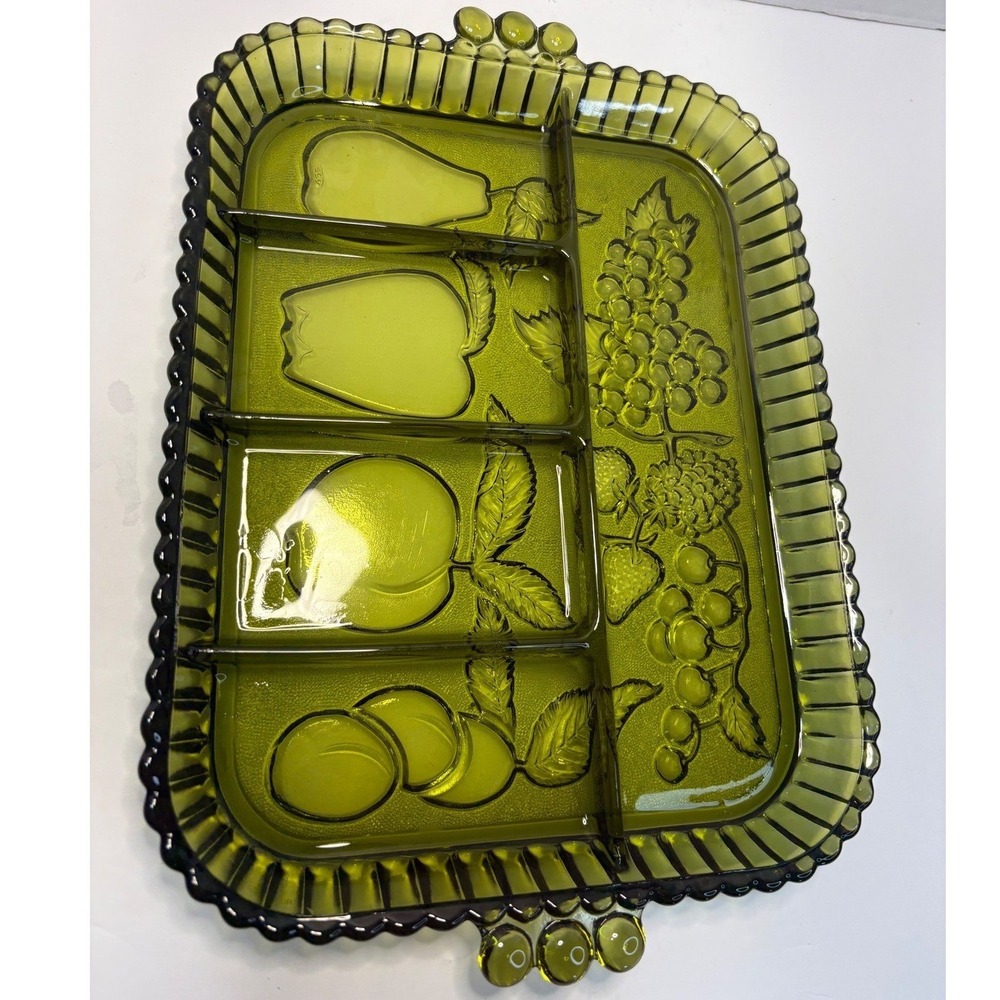 Indiana Glass Olive Green Fruit Embossed Divided Relish Tray Serving Dish Vntg - Picture 6 of 8